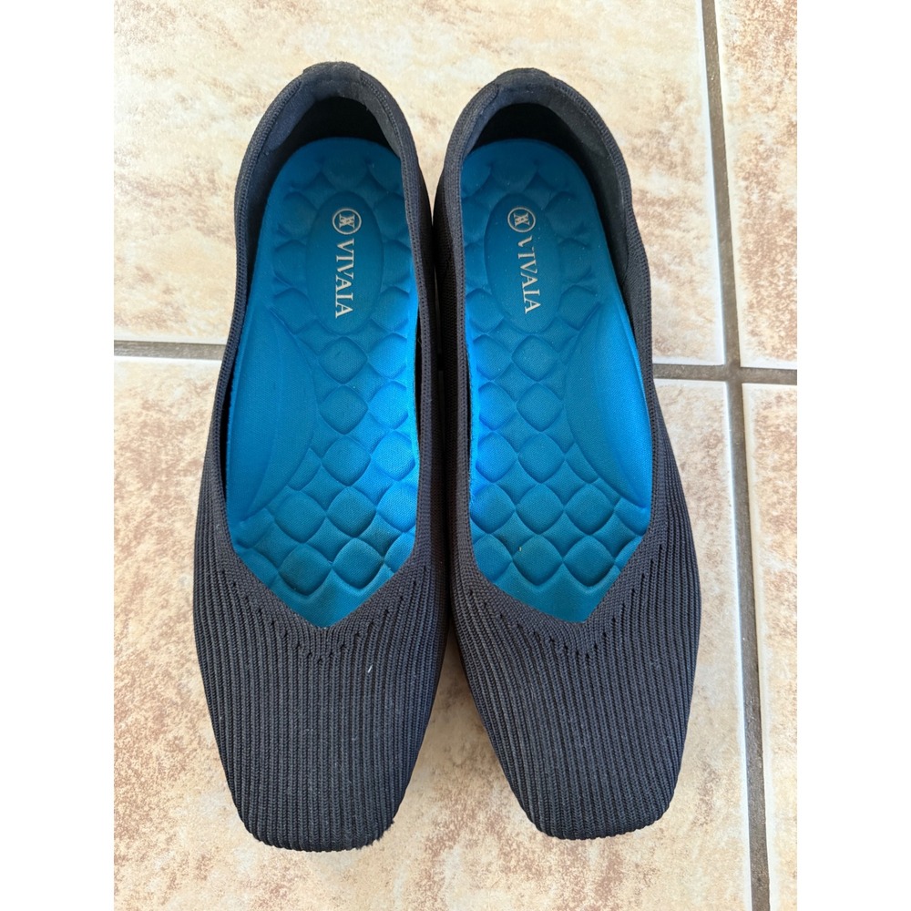 VIVAIA Black Ribbed Knit Square Toe Flats Blue Sole Eco Friendly EU 39.5 Womens - Picture 3 of 9